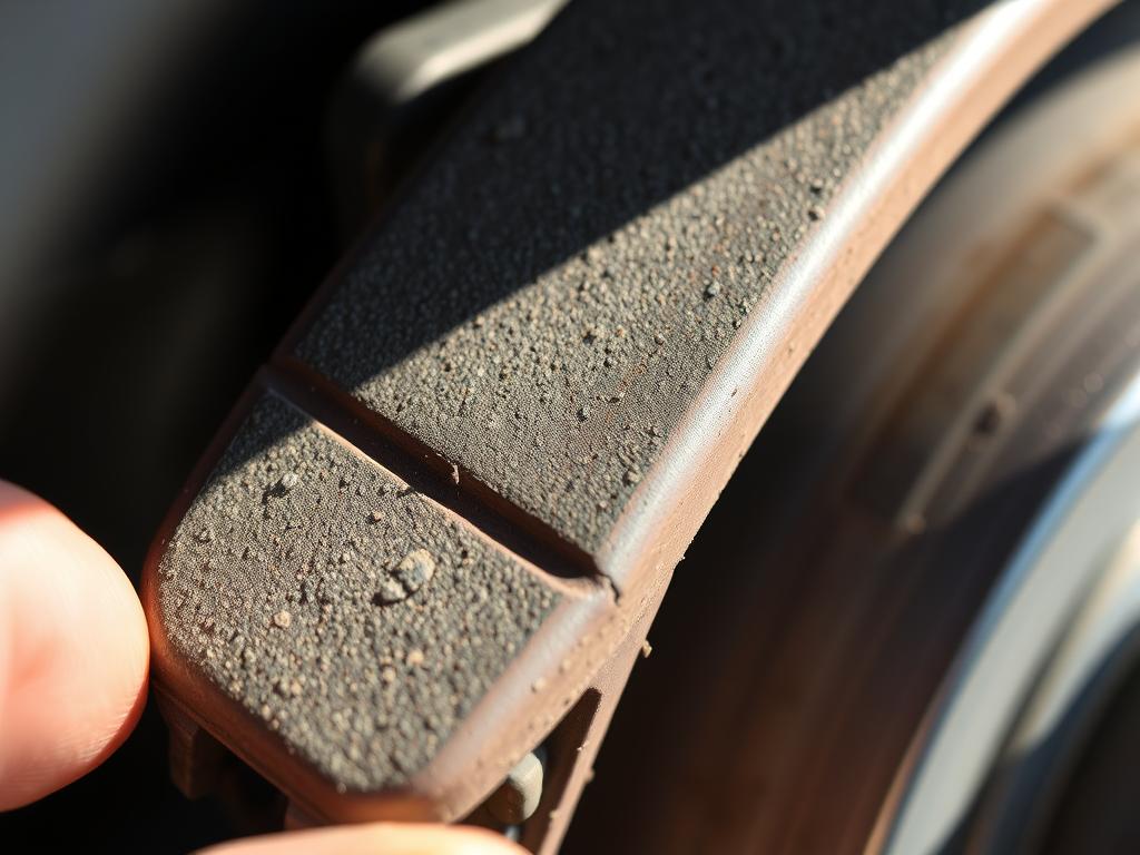 A close-up view of a car's brake pad, meticulously examined under natural light. The pad's surface is worn, with distinct grooves and uneven textures, indicating its level of deterioration. The image is captured at a slight angle, providing a clear, detailed perspective of the brake pad's condition. The surroundings are slightly blurred, focusing the viewer's attention solely on the brake pad. The overall mood is one of informative analysis, inviting the viewer to assess the brake pad's status and the need for potential replacement. A close-up view of a car's brake pad, meticulously examined under natural light. The pad's surface is worn, with distinct grooves and uneven textures, indicating its level of deterioration. The image is captured at a slight angle, providing a clear, detailed perspective of the brake pad's condition. The surroundings are slightly blurred, focusing the viewer's attention solely on the brake pad. The overall mood is one of informative analysis, inviting the viewer to assess the brake pad's status and the need for potential replacement.