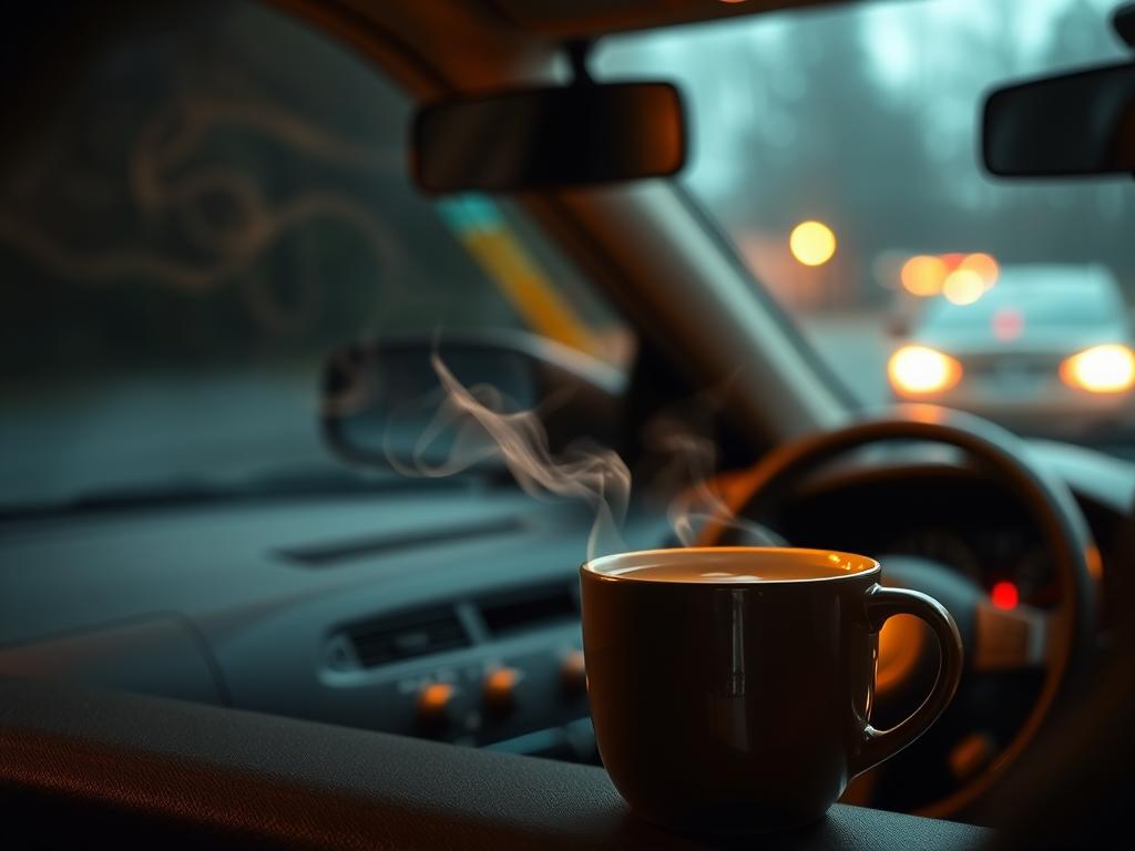 A cozy interior of a car's cabin, dimly lit with warm, amber-hued lighting. In the foreground, a steam-filled cup of fragrant, sweet-smelling liquid rests on the dashboard, its aroma permeating the air. The middle ground features the car's dashboard, instrumentation, and steering wheel, all in a soft, muted color palette. In the background, the windshield reveals a blurred, outdoor scene, suggesting a rainy or overcast day. The overall atmosphere is one of coziness, comfort, and a sense of impending mechanical issue, hinting at the warning signs of a potential coolant leak. A cozy interior of a car's cabin, dimly lit with warm, amber-hued lighting. In the foreground, a steam-filled cup of fragrant, sweet-smelling liquid rests on the dashboard, its aroma permeating the air. The middle ground features the car's dashboard, instrumentation, and steering wheel, all in a soft, muted color palette. In the background, the windshield reveals a blurred, outdoor scene, suggesting a rainy or overcast day. The overall atmosphere is one of coziness, comfort, and a sense of impending mechanical issue, hinting at the warning signs of a potential coolant leak.