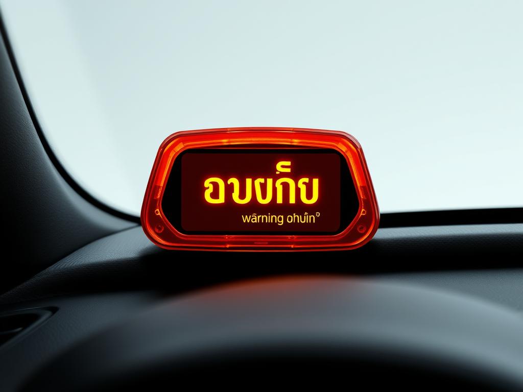 A detailed, high-resolution image of a car dashboard display showing a warning light illuminated in an amber color, with a Thai text label "ไฟเตือนการโชว์" (Engine Warning Light) displayed prominently in the center. The light should be rendered with realistic reflections and shading, creating a sense of depth and dimension. The background should be a plain, neutral color to keep the focus on the warning light and its Thai text label. The overall composition should convey a sense of caution and urgency, reflecting the importance of the engine warning system. A detailed, high-resolution image of a car dashboard display showing a warning light illuminated in an amber color, with a Thai text label "ไฟเตือนการโชว์" (Engine Warning Light) displayed prominently in the center. The light should be rendered with realistic reflections and shading, creating a sense of depth and dimension. The background should be a plain, neutral color to keep the focus on the warning light and its Thai text label. The overall composition should convey a sense of caution and urgency, reflecting the importance of the engine warning system.