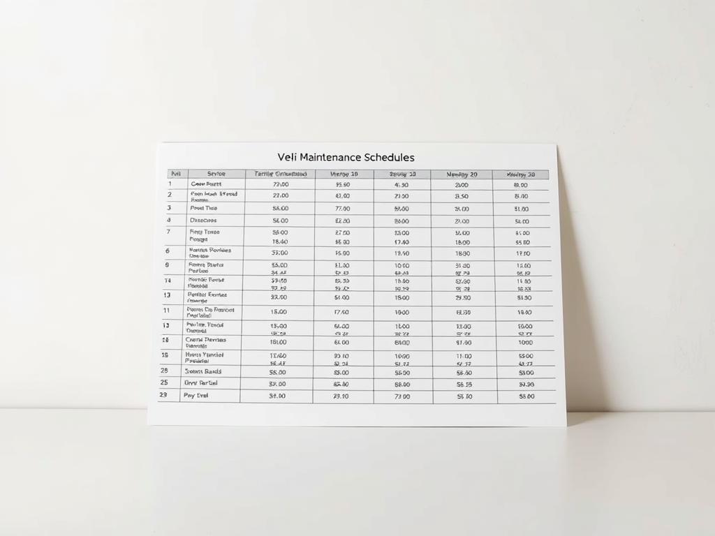 A detailed table of vehicle maintenance schedules, positioned prominently on a clean, minimalist background. The table should be well-organized, with clear column headers and rows displaying service intervals for various components across different automobile brands. The lighting should be soft and diffused, creating a sense of clarity and ease of reading. The camera angle should be slightly elevated, allowing the viewer to scan the table effortlessly. The overall mood should convey professionalism, efficiency, and a practical approach to vehicle maintenance.