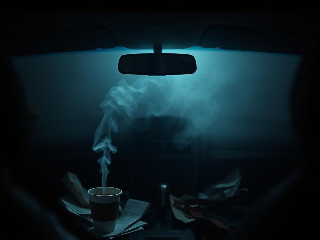 A dimly lit, cluttered interior of a car. In the foreground, a wisp of smoke emanates from the dashboard, hinting at the source of the mysterious burning smell. The middle ground is filled with scattered objects - a pile of receipts, a half-empty coffee cup, a frayed seatbelt. The background is obscured by a hazy, oppressive atmosphere, suggesting a growing sense of concern and unease. The lighting is somber, casting deep shadows and highlighting the ominous nature of the scene. The camera angle is slightly off-center, creating a sense of unease and adding to the overall sense of foreboding. A dimly lit, cluttered interior of a car. In the foreground, a wisp of smoke emanates from the dashboard, hinting at the source of the mysterious burning smell. The middle ground is filled with scattered objects - a pile of receipts, a half-empty coffee cup, a frayed seatbelt. The background is obscured by a hazy, oppressive atmosphere, suggesting a growing sense of concern and unease. The lighting is somber, casting deep shadows and highlighting the ominous nature of the scene. The camera angle is slightly off-center, creating a sense of unease and adding to the overall sense of foreboding.