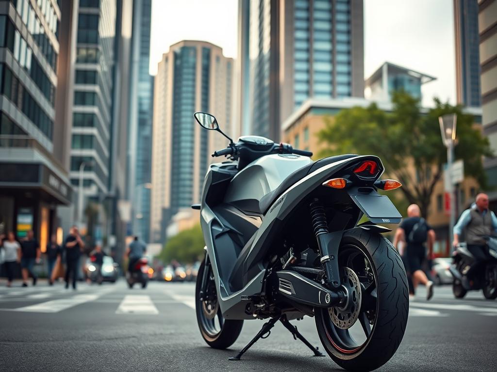 A sleek and modern urban electric motorcycle stands in a bustling city street, its clean lines and futuristic design catching the eye. The motorcycle's battery is prominently displayed, emphasizing its electric power source. The background features a mix of modern high-rise buildings, street lamps, and a hint of greenery, creating a dynamic and progressive cityscape. Soft, diffused lighting illuminates the scene, lending a sense of tranquility and efficiency. The overall composition conveys the motorcycle's suitability for navigating crowded urban environments, its eco-friendly nature, and its appeal to a tech-savvy, environmentally conscious rider. A sleek and modern urban electric motorcycle stands in a bustling city street, its clean lines and futuristic design catching the eye. The motorcycle's battery is prominently displayed, emphasizing its electric power source. The background features a mix of modern high-rise buildings, street lamps, and a hint of greenery, creating a dynamic and progressive cityscape. Soft, diffused lighting illuminates the scene, lending a sense of tranquility and efficiency. The overall composition conveys the motorcycle's suitability for navigating crowded urban environments, its eco-friendly nature, and its appeal to a tech-savvy, environmentally conscious rider.