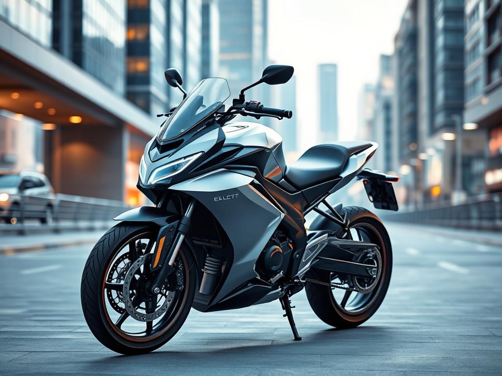 A sleek, futuristic electric motorcycle stands in a well-lit urban setting, its streamlined design and metallic finish reflecting the ambient light. The motorcycle's battery pack is visible, hinting at its clean, eco-friendly power source. In the background, a cityscape of modern buildings and infrastructure suggests a progressive, sustainable future. The scene conveys a sense of innovation, efficiency, and environmental consciousness, perfectly capturing the advantages of electric motorcycles. A sleek, futuristic electric motorcycle stands in a well-lit urban setting, its streamlined design and metallic finish reflecting the ambient light. The motorcycle's battery pack is visible, hinting at its clean, eco-friendly power source. In the background, a cityscape of modern buildings and infrastructure suggests a progressive, sustainable future. The scene conveys a sense of innovation, efficiency, and environmental consciousness, perfectly capturing the advantages of electric motorcycles.