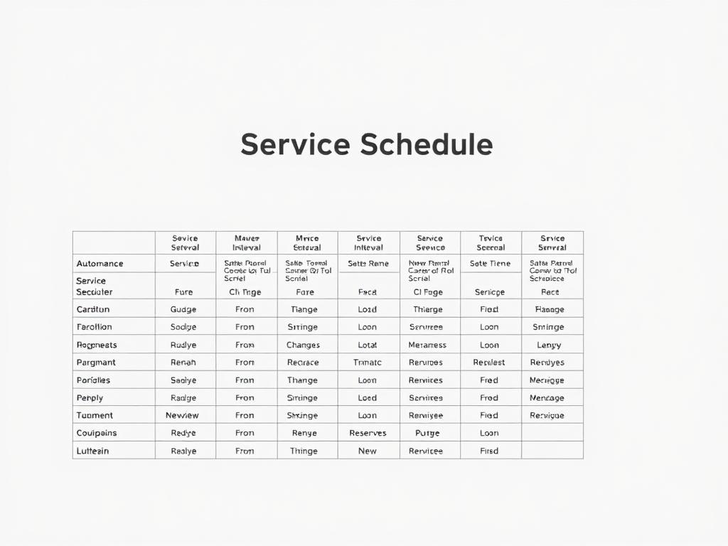 A well-organized automotive service schedule table set against a clean, minimalist background. The table features a grid-like layout with distinct columns and rows, displaying key maintenance intervals and tasks for a variety of popular car makes and models. The text is crisp and legible, presented in a neutral, professional typeface. Soft shadows and gentle highlights add depth and dimensionality to the design, creating a sense of balanced, symmetrical composition. The overall mood is informative, practical, and visually appealing, serving as a comprehensive reference guide for vehicle owners. A well-organized automotive service schedule table set against a clean, minimalist background. The table features a grid-like layout with distinct columns and rows, displaying key maintenance intervals and tasks for a variety of popular car makes and models. The text is crisp and legible, presented in a neutral, professional typeface. Soft shadows and gentle highlights add depth and dimensionality to the design, creating a sense of balanced, symmetrical composition. The overall mood is informative, practical, and visually appealing, serving as a comprehensive reference guide for vehicle owners.